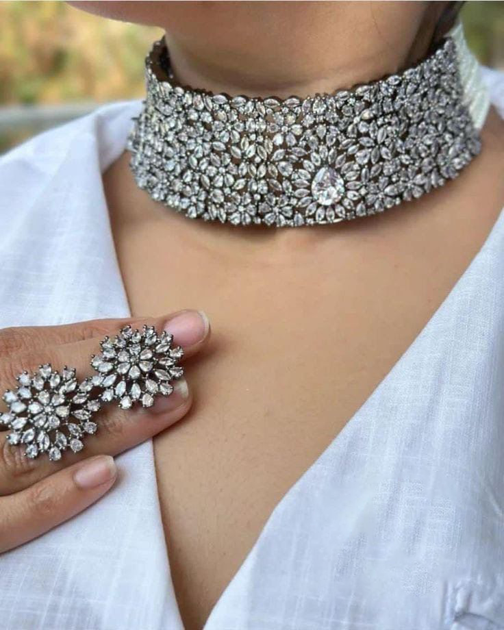 Polki Alia Bhatt Inspired Choker Earrings Set, Silver Polki Choker Set, Alia Bhatt Jewellery, Alia Bhatt Necklace Set, Silver Polki Choker Set, Bridal Silver Necklace, Alia Bhatt Jewelry - Libasaa.com