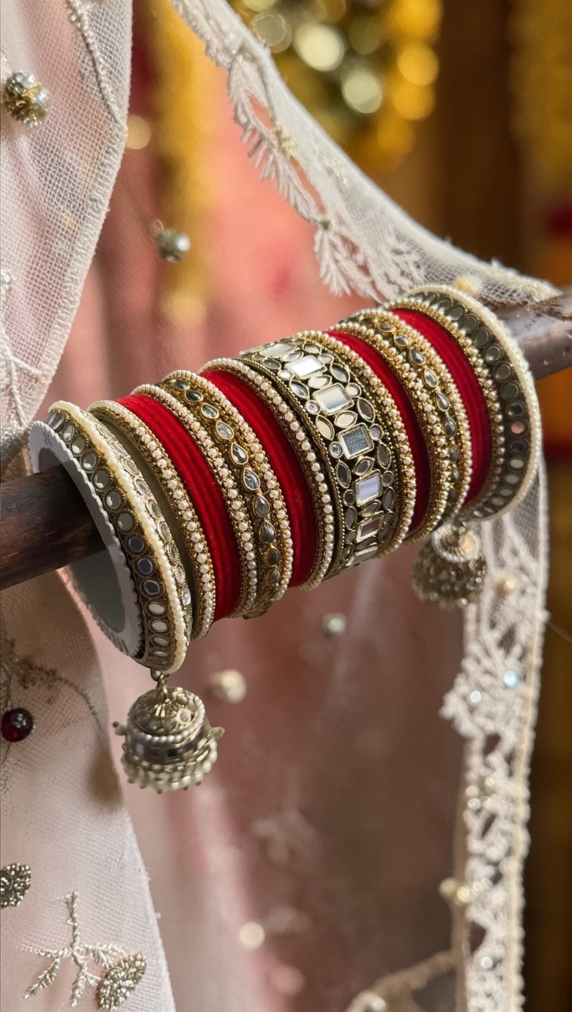 Designer Mirror & Velvet Bridal Bangle Set with Jhumki | Traditional Indian Wedding Chuda Set for Women