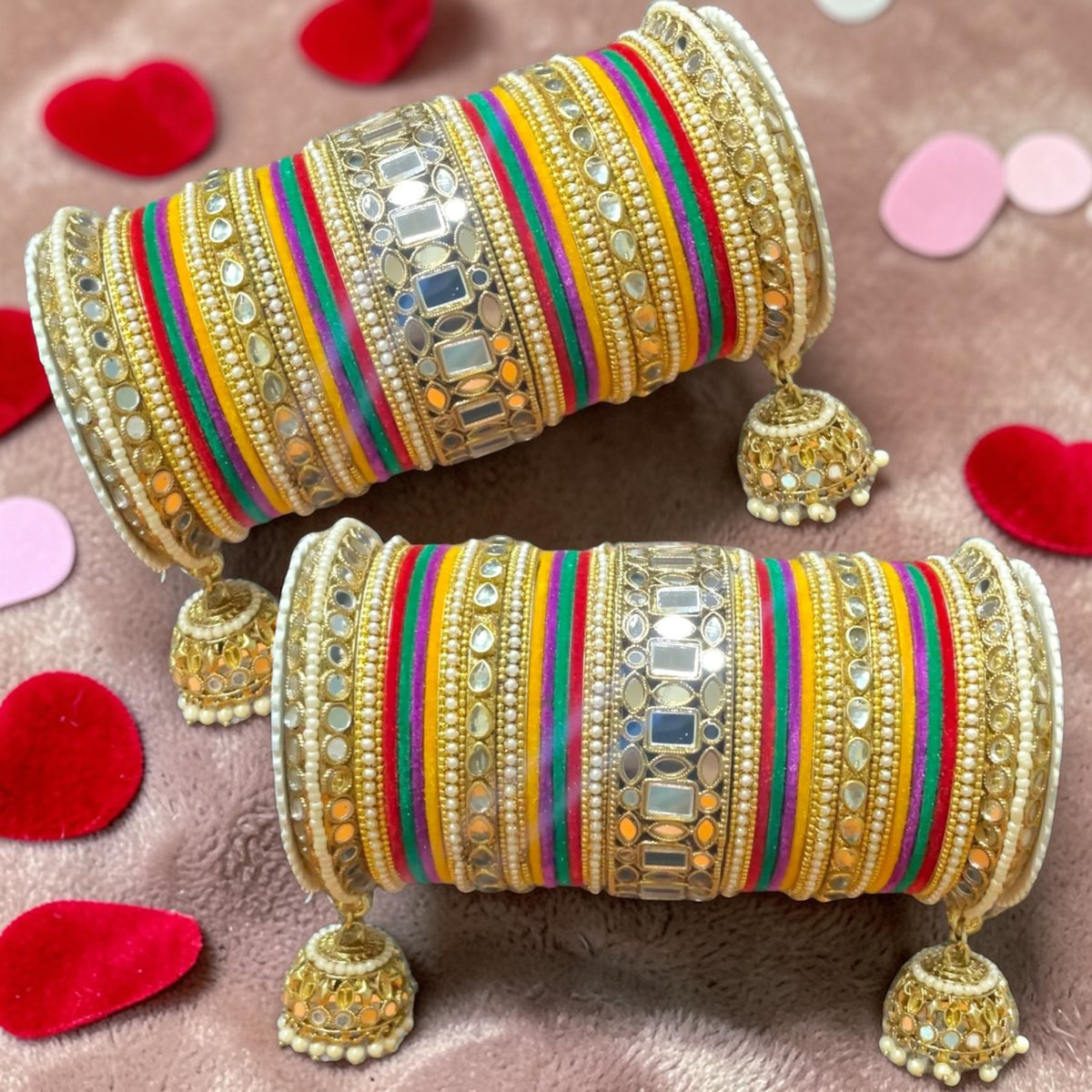 Designer Mirror & Velvet Bridal Bangle Set with Jhumki | Traditional Indian Wedding Chuda Set for Women