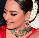Celebrity Inspired Choker Bridal Necklace Set, Sonakshi Sinha Necklace, Green Indian Bridal Kundan Pearl Beaded Necklace Set, Indian Jewelry - Libasaa.com