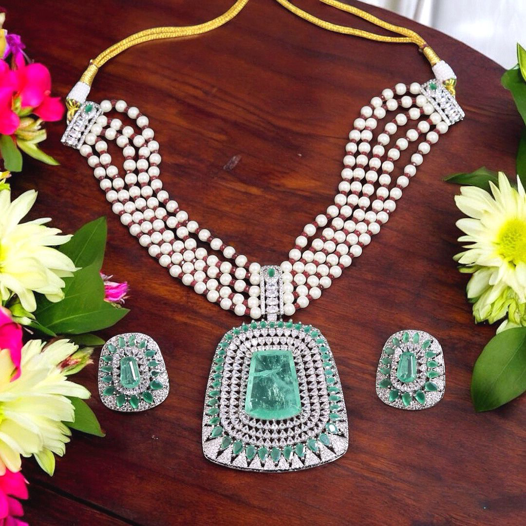 Malaika Arora Pearl Kundan Necklace Set, Bollywood Inspired Necklace Set, Pearl Choker Set, AD Stones Indian Bollywood Kundan Necklace Set - Libasaa.com