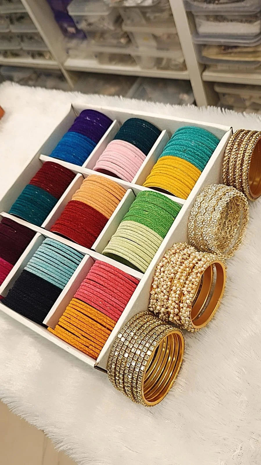 Velvet Glass Bangles Combo Box – 18 Dozen Velvet Bangles with Kundan Bangles, Lariya Moti Kada, Round Stone & Bindi Bangles | Bridal & Festive Wear Bangle Set