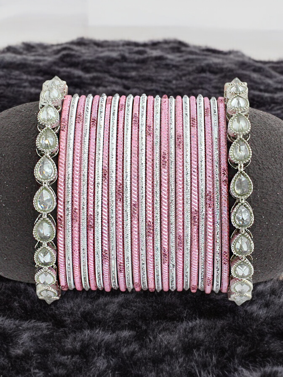 Pink & Silver Kundan Bangle Set, Indian Bangles, Indian Wedding Jewelry, Kundan Jewelry, Pearl Bangle Set, Pakistani Bangle Stack - Libasaa.com