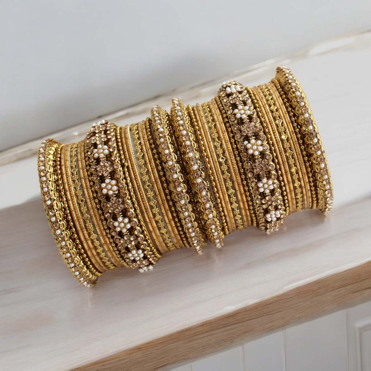 Traditional Antique Golden Pearl Bangle Set, Ethnic Bangles, Pakistani Bangles Set - Libasaa.com
