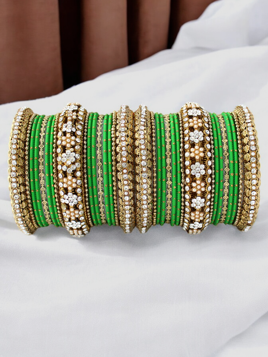 Gold Plated Green Kundan Bridal Chooda Bangles Set, Green Chooda, Green Bangles, Kundan Chooda Set, Green Jewellery Set, Pearl Chooda Set - Libasaa.com