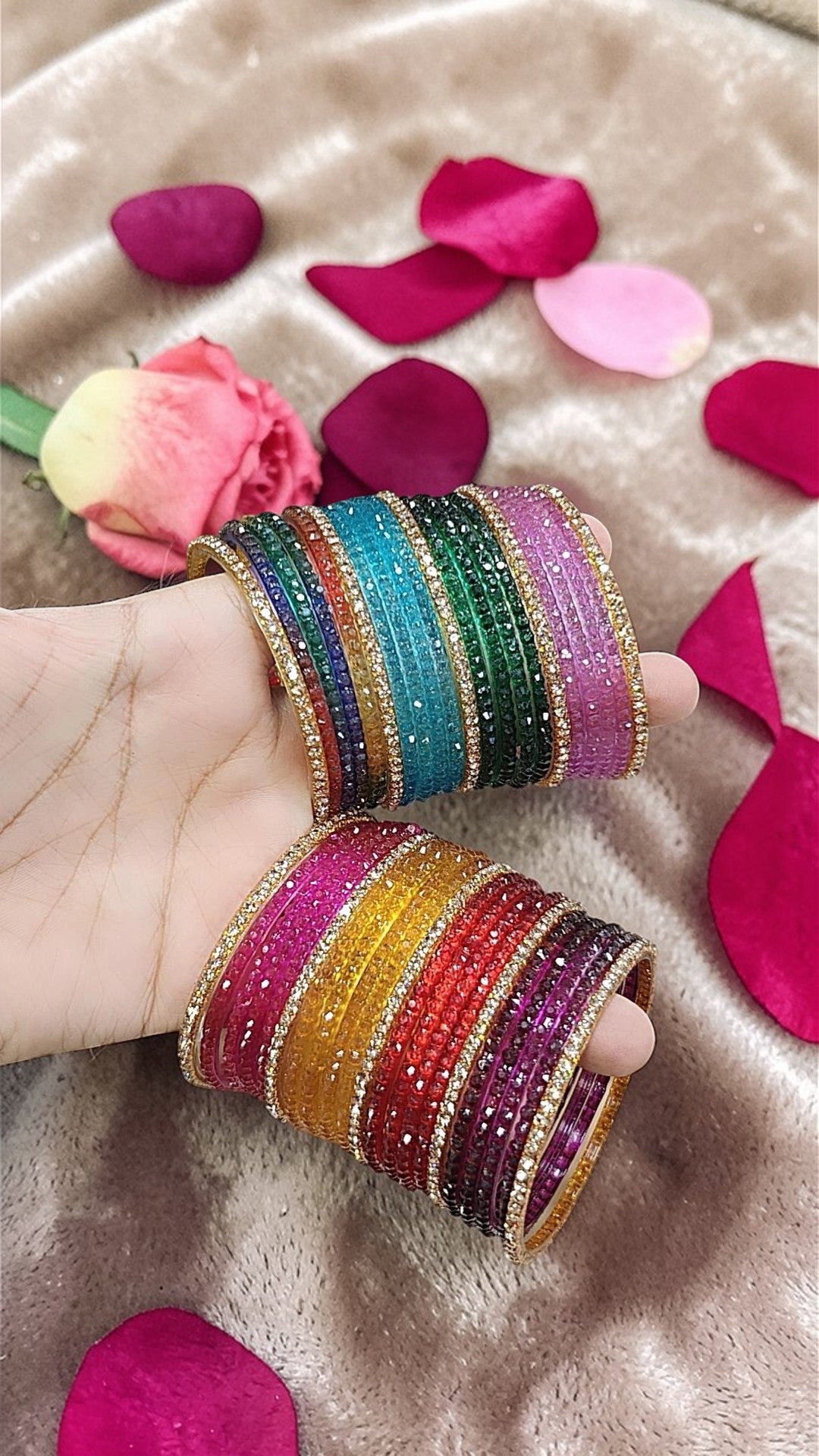 Indian New Raindrop Glass Bangles with Gold Stone Accents | Multi-Shade Designer Bangles Bridal Bangle Set | Traditional Indian Jewellery Bangles Set