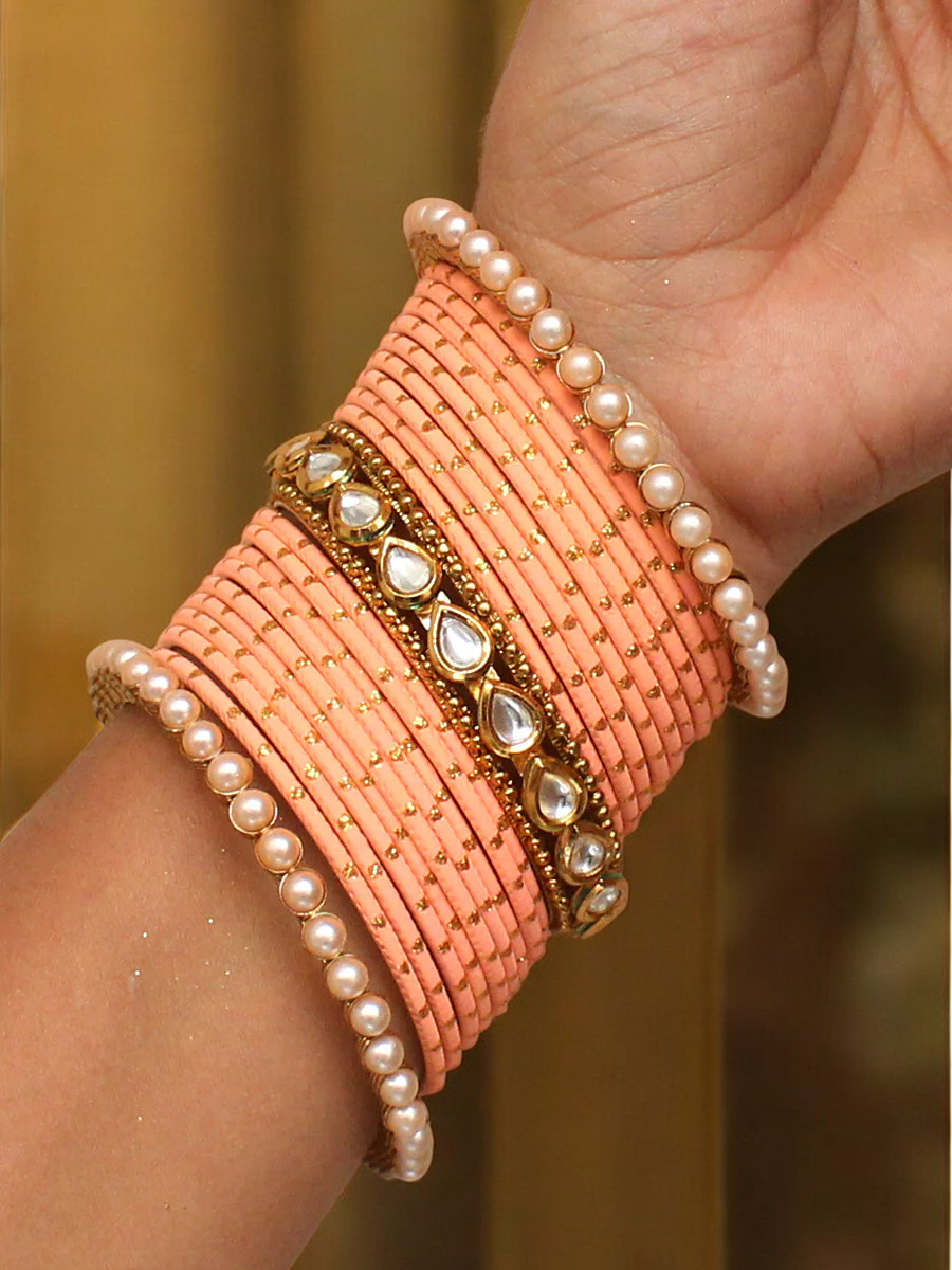 Ethnic Pink Engagement Pearl Bangles Chura Set, Pink Chura, Pearl Chura, Pink Bangles Set, Pearl Kundan Jewellery, Bridal Kundan Chura - Libasaa.com