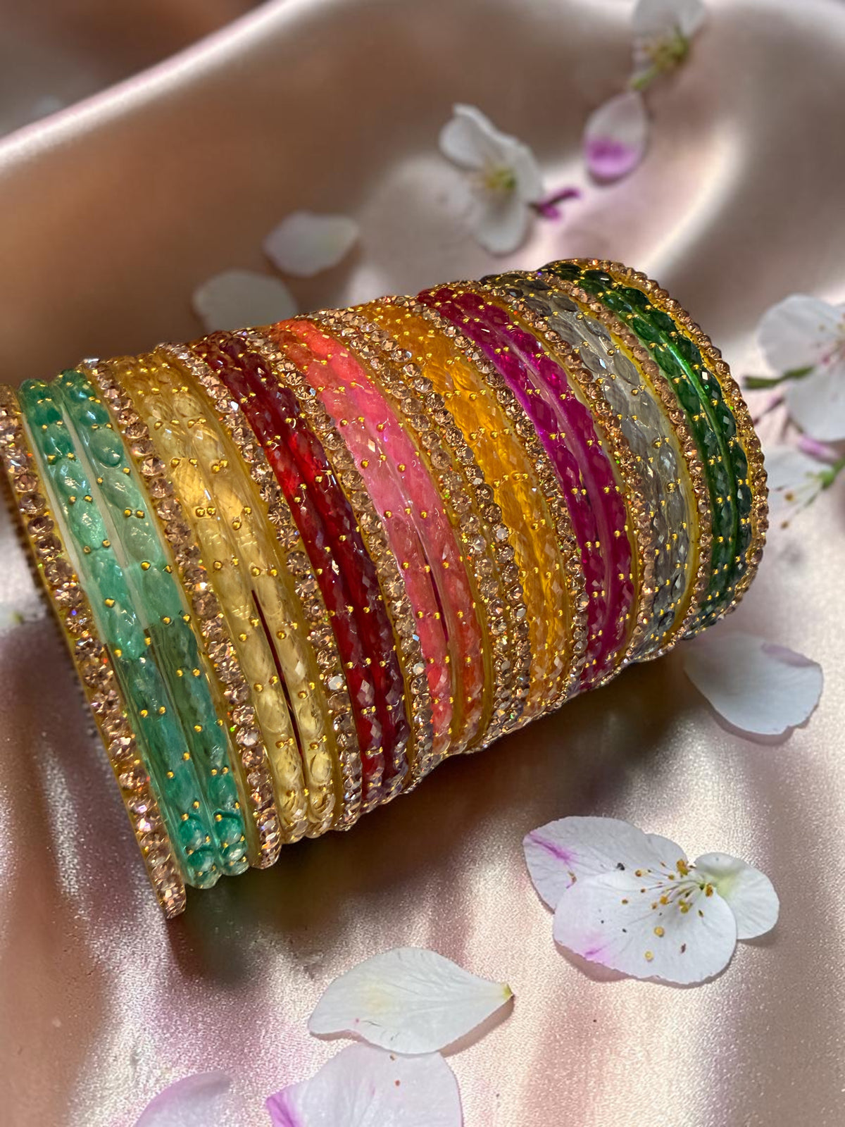 Glass Bangle Bunch – Gold Drop Design | Indian Bangles Set in 12 Stunning Colours (12 Dozen) | Traditional Indian Jewellery Bangles for Wedding & Party Wear