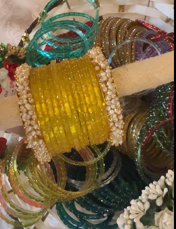 RainDrop Glass Bangles Combo Set (12 Dozen, 12 Colours Box With Golden Pearl Kada 2 Pcs ) | Indian Bangles Set & Jewellery | Richnees Look