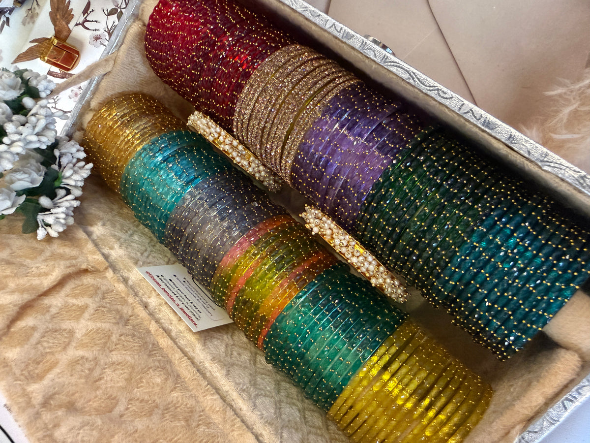 RainDrop Glass Bangles Combo Set (12 Dozen, 12 Colours Box With Golden Pearl Kada 2 Pcs ) | Indian Bangles Set & Jewellery | Richnees Look