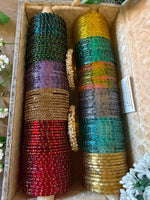 RainDrop Glass Bangles Combo Set (12 Dozen, 12 Colours Box With Golden Pearl Kada 2 Pcs ) | Indian Bangles Set & Jewellery | Richnees Look