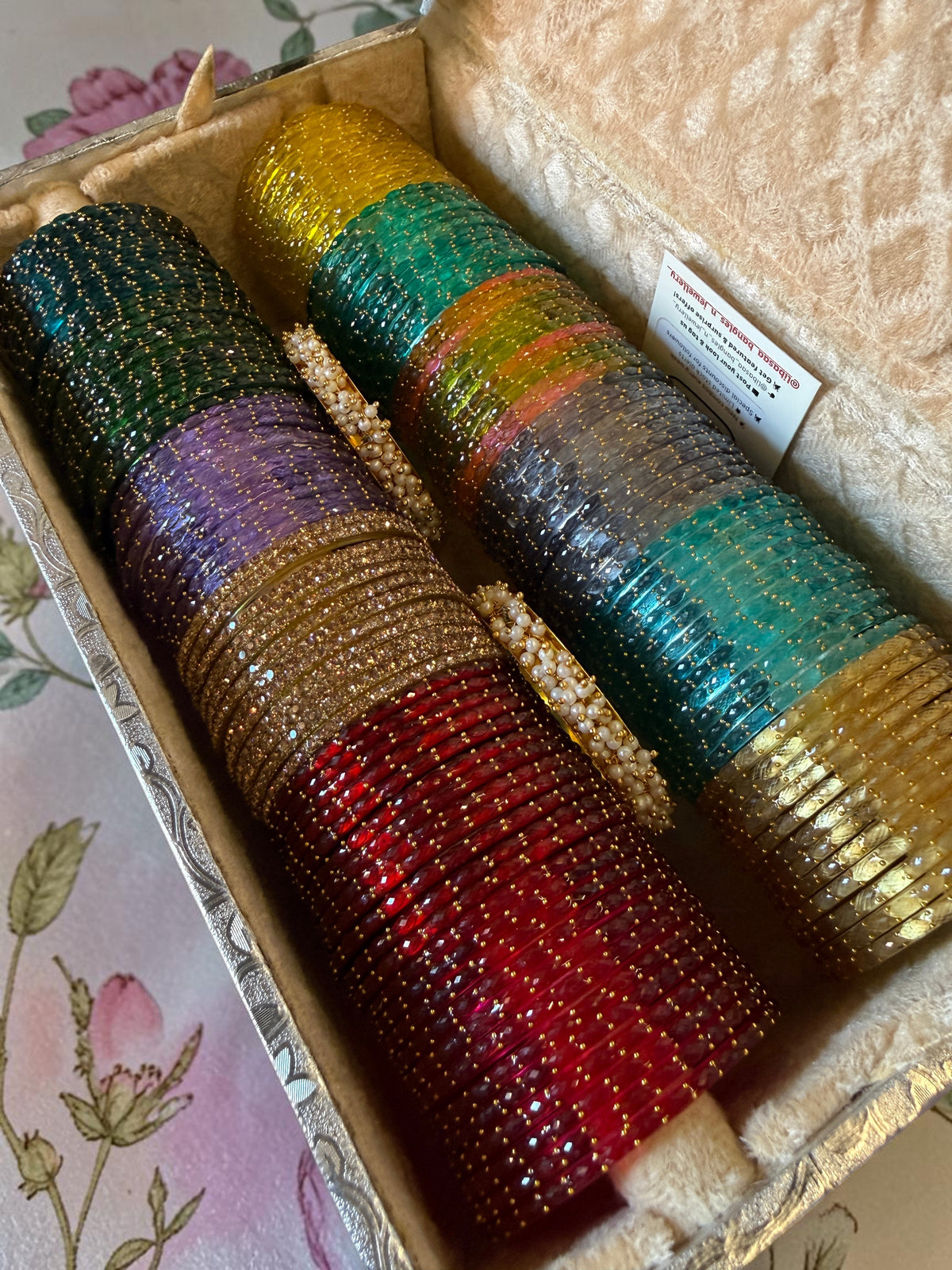 RainDrop Glass Bangles Combo Set (12 Dozen, 12 Colours Box With Golden Pearl Kada 2 Pcs ) | Indian Bangles Set & Jewellery | Richnees Look