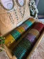 Rain Drop Glass Bangles Combo Set (12 Dozen, 12 Colours Box With Kundan Pearl Kada Chain Hathphool 2 Pcs ) | Indian Bangles Set & Jewellery | Richnees Look