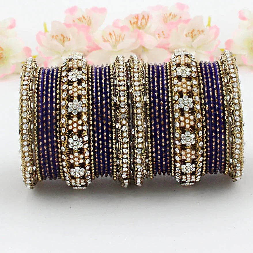 Blue Floral Festive Celeb Bangles Chura Set, Chura Set, Blue Pearl Bangles Set, Blue Wedding Jewellery Set, Celeb Jewellery Set, Indian Jewellery set - Libasaa.com