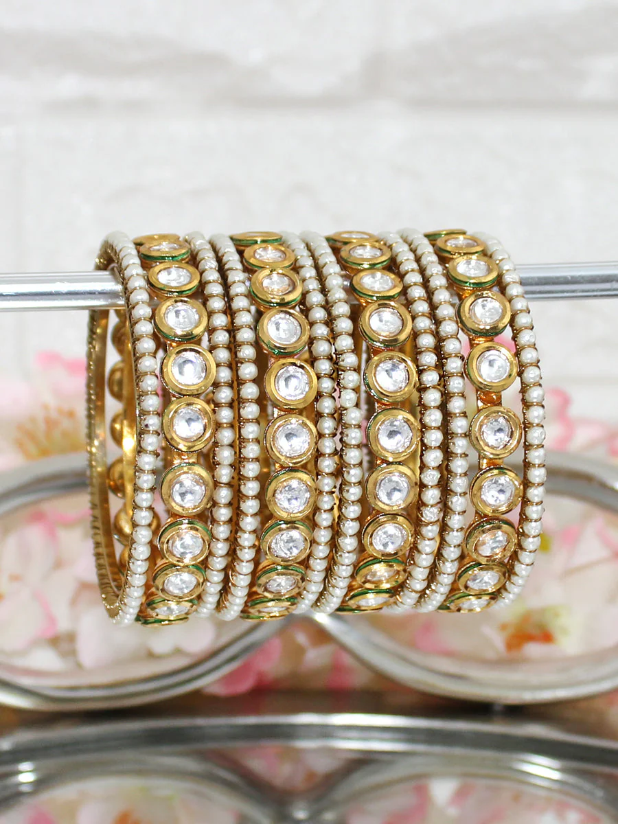 Exquisite Pearl Studded Kundan Bangles Set, Ethnic Jewelry Set, Gold Plated Bridal Jewelry, Wedding Pearl bangles, Kundan Chura Set - Libasaa.com