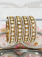 Exquisite Pearl Studded Kundan Bangles Set, Ethnic Jewelry Set, Gold Plated Bridal Jewelry, Wedding Pearl bangles, Kundan Chura Set - Libasaa.com