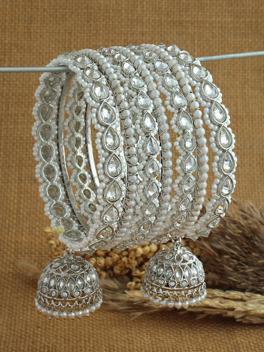 Indian Silver Pearl Bangle Jhumki Set, Silver Chura Jhumki Set, Silver Jewellery Set, Silver Wedding Bangles, Pearl Silver Jewelry, Pakistani Jewelry - Libasaa.com