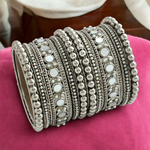 Silver Mirrored Wedding Chura Jewellery Set, Mirror Chura Set, Silver Bangles Jewelry, Indian Bangles Set, Pearl bangle, Kundan Bangles Set - Libasaa.com