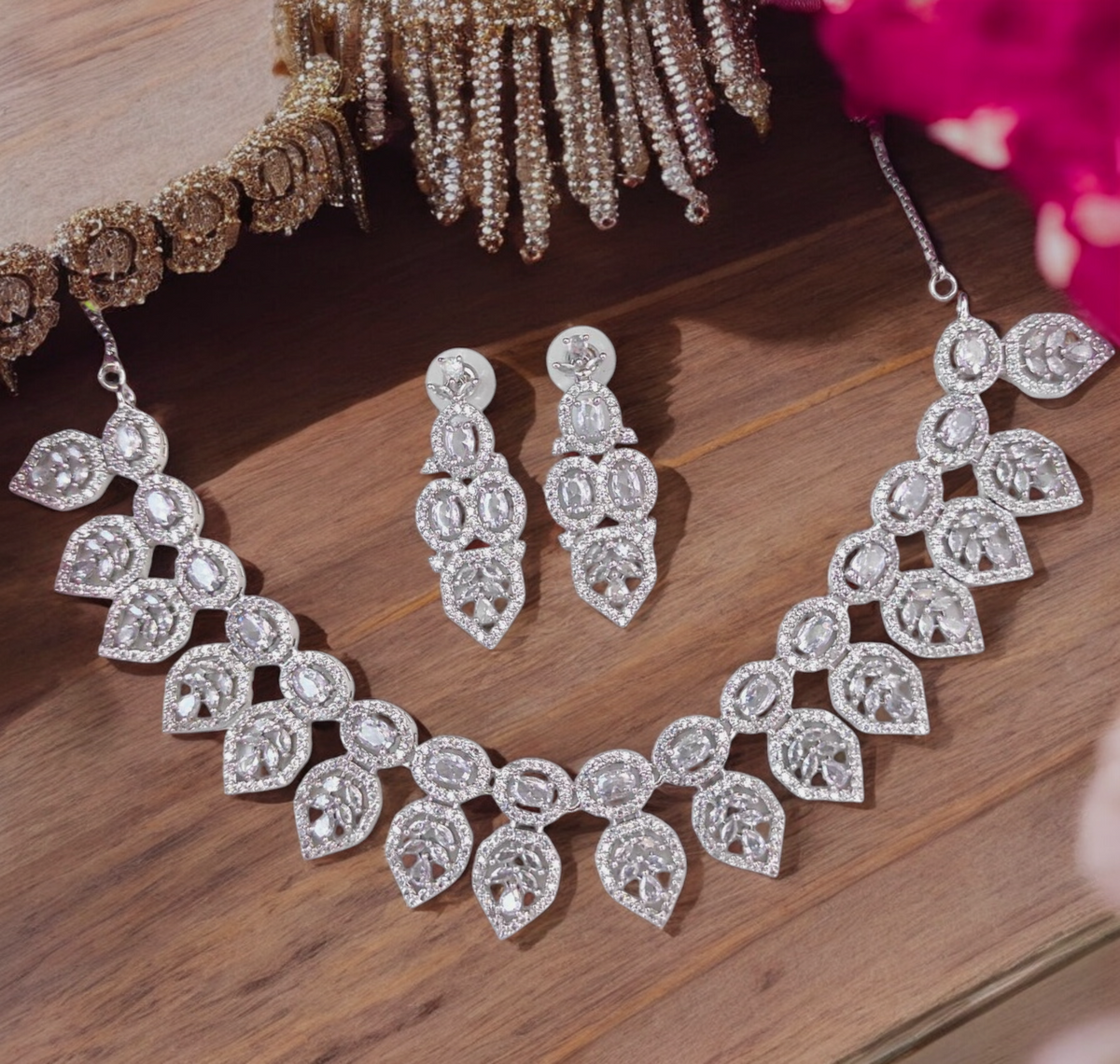 Leaf Motif American Diamond Necklace Set, Celebrity AD Jewellery Set, CZ Jewellery, Bridal AD Necklace, Wedding Choker Set, AD Earrings Set, AD Necklace, Indian AD Jewellery Set - Libasaa.com
