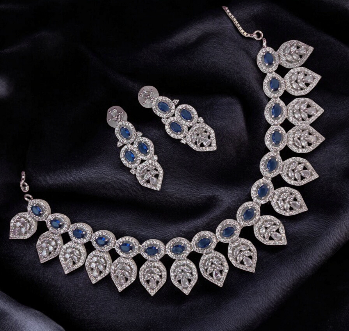 Leaf Motif American Diamond Necklace Set, Celebrity AD Jewellery Set, CZ Jewellery, Bridal AD Necklace, Wedding Choker Set, AD Earrings Set, AD Necklace, Indian AD Jewellery Set - Libasaa.com