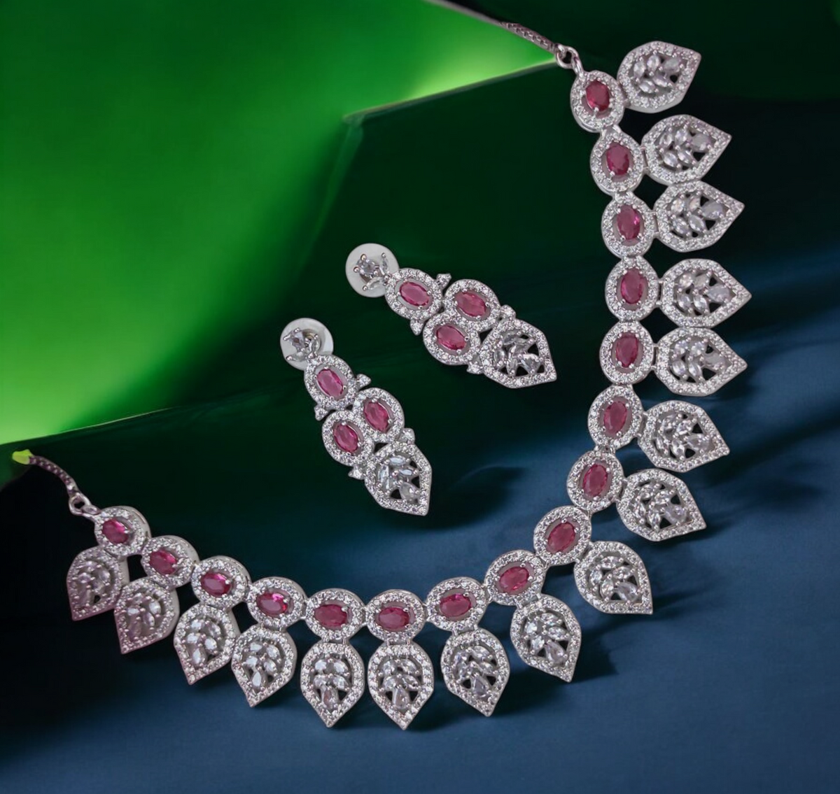Leaf Motif American Diamond Necklace Set, Celebrity AD Jewellery Set, CZ Jewellery, Bridal AD Necklace, Wedding Choker Set, AD Earrings Set, AD Necklace, Indian AD Jewellery Set - Libasaa.com