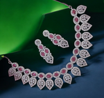 Leaf Motif American Diamond Necklace Set, Celebrity AD Jewellery Set, CZ Jewellery, Bridal AD Necklace, Wedding Choker Set, AD Earrings Set, AD Necklace, Indian AD Jewellery Set - Libasaa.com