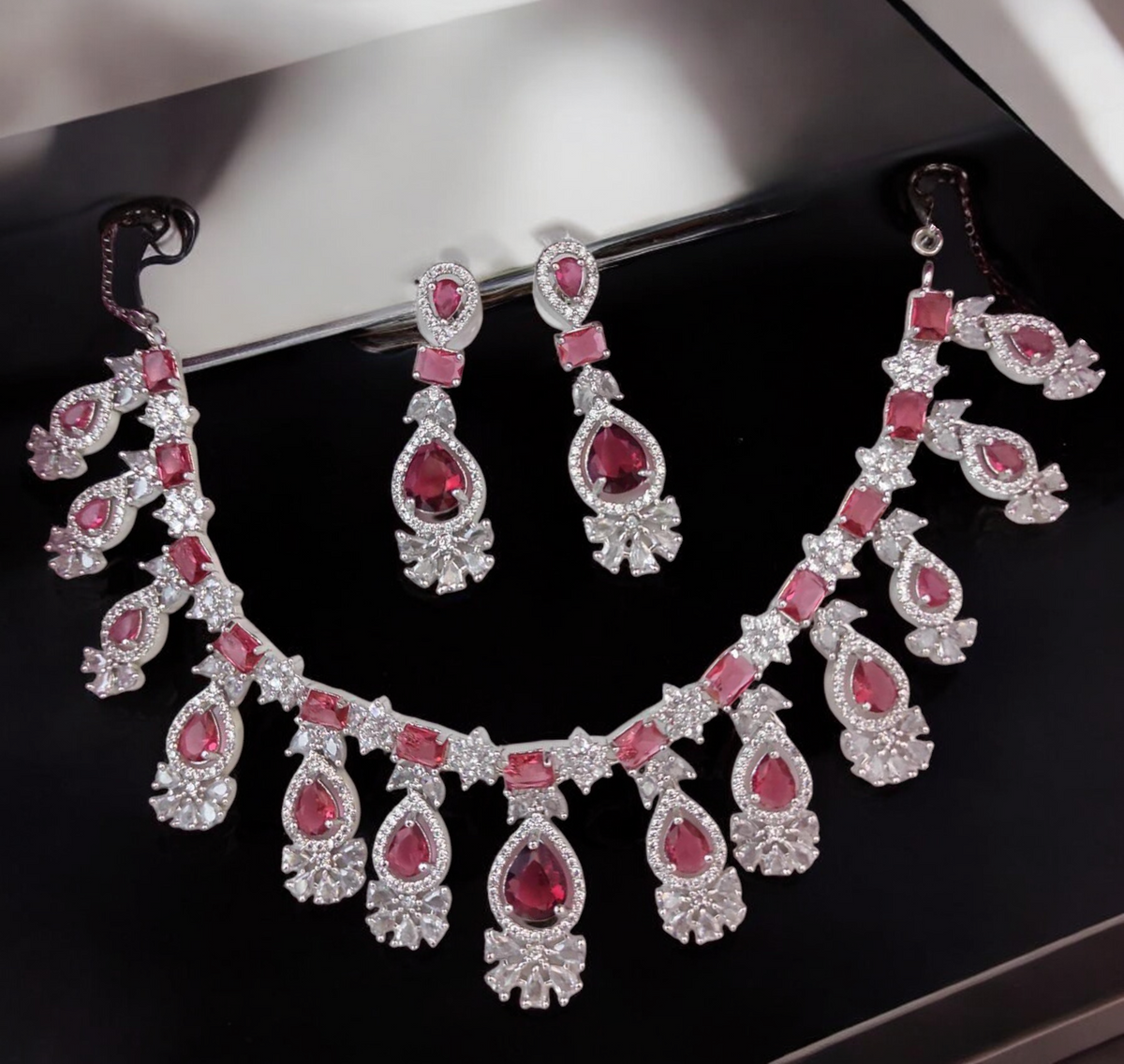 Celebrity CZ Choker Earrings Indian Jewellery Set, Celebrity AD Jewelry Set, CZ Jewellery, Traditional AD Necklace, Wedding Choker Set - Libasaa.com