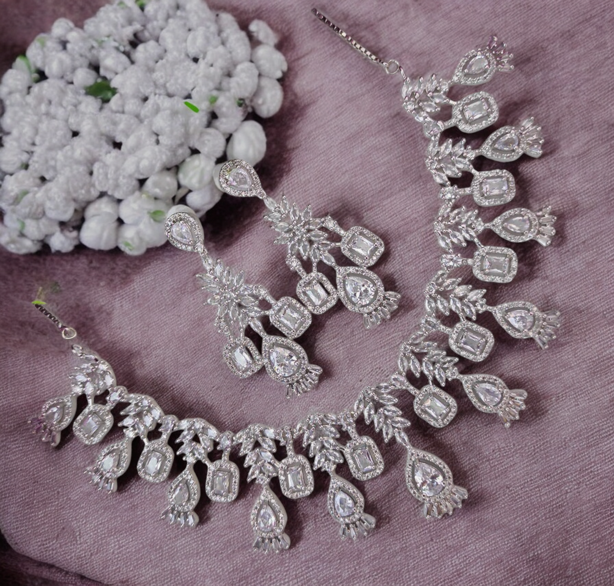 Fabulous Bridal Perfection CZ Choker Earrings Jewelry, CZ Choker Set, Indian Bridal Jewellery Set, AD Necklace Set, CZ Earrings Set - Libasaa.com