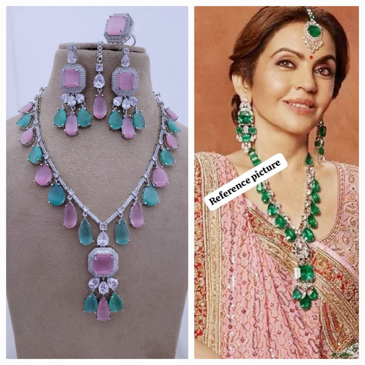 Nita Ambani Inspired Necklace Earrings Maangtika Set - Libasaa.com
