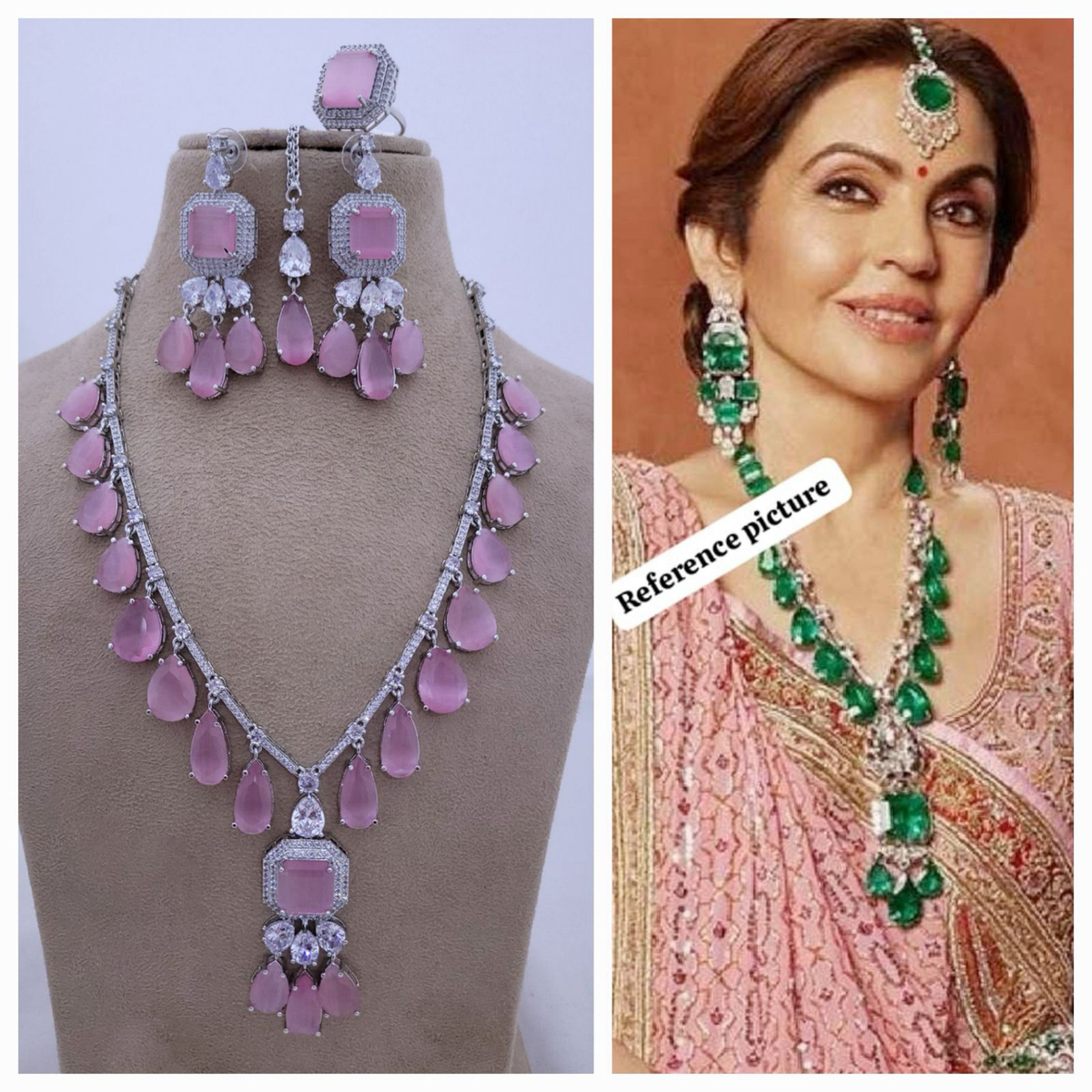 Nita Ambani Inspired Necklace Earrings Maangtika Set - Libasaa.com