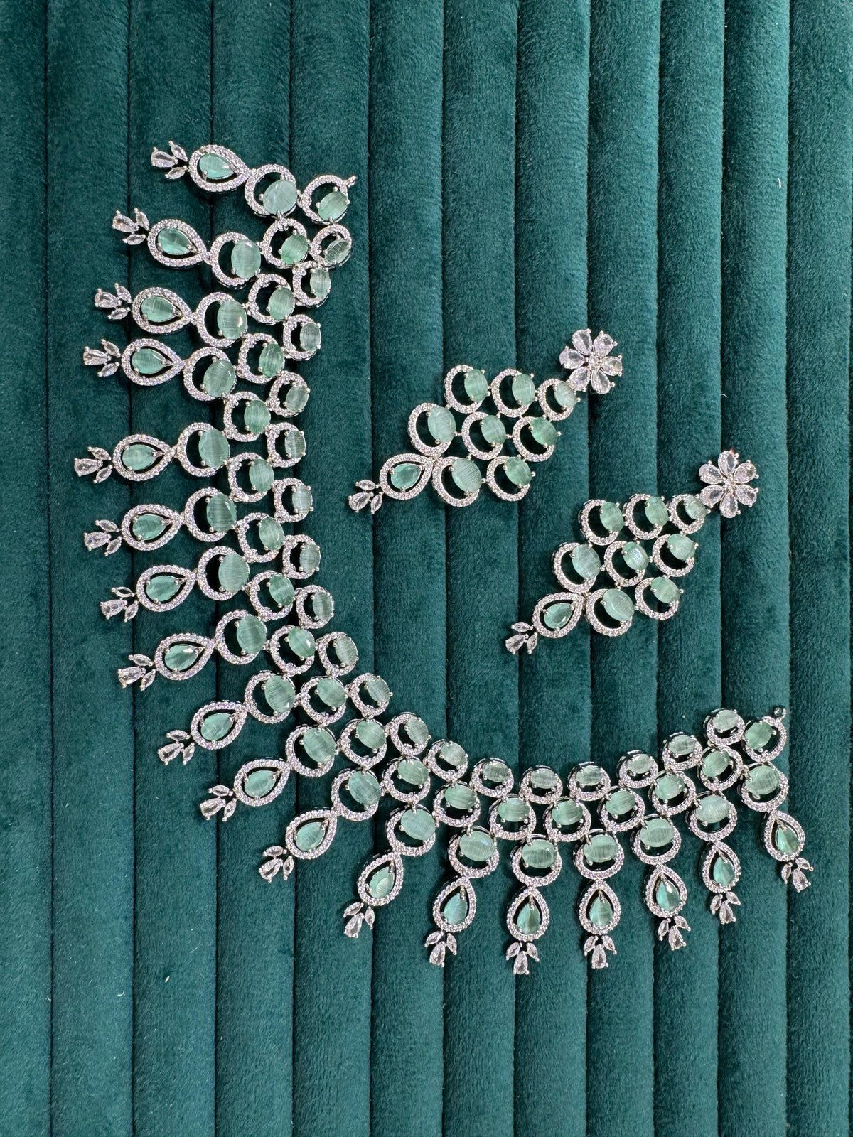 Celebrity American Diamond Leaf Motif Choker Earrings Set, Celebrity CZ Jewellery, AD Jewellery, Bridal CZ Necklace, Wedding Choker Set - Libasaa.com