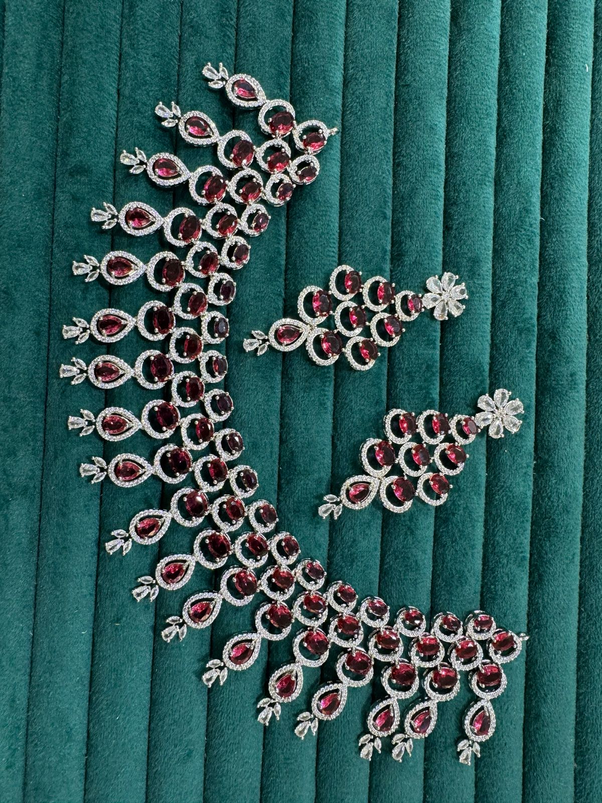 Celebrity American Diamond Leaf Motif Choker Earrings Set, Celebrity CZ Jewellery, AD Jewellery, Bridal CZ Necklace, Wedding Choker Set - Libasaa.com