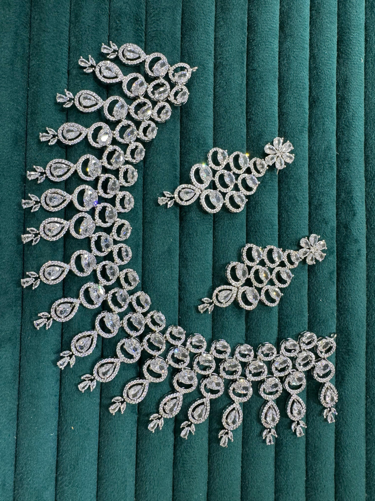 Celebrity American Diamond Leaf Motif Choker Earrings Set, Celebrity CZ Jewellery, AD Jewellery, Bridal CZ Necklace, Wedding Choker Set - Libasaa.com