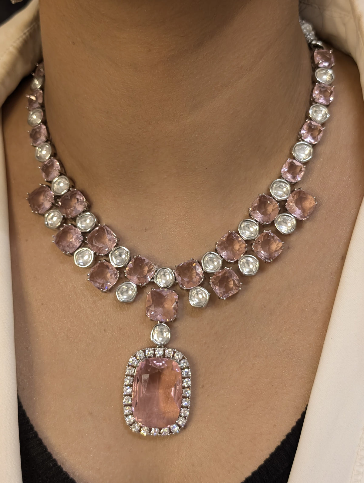 Sparkling Crystals Statement Necklace Jewelry Set, Polki Statement Necklace Set, Wedding Polki Necklace, Indian Jewellery Set, Celebrity Jewelry Set, Bollywood Polki Necklace Set - Libasaa.com