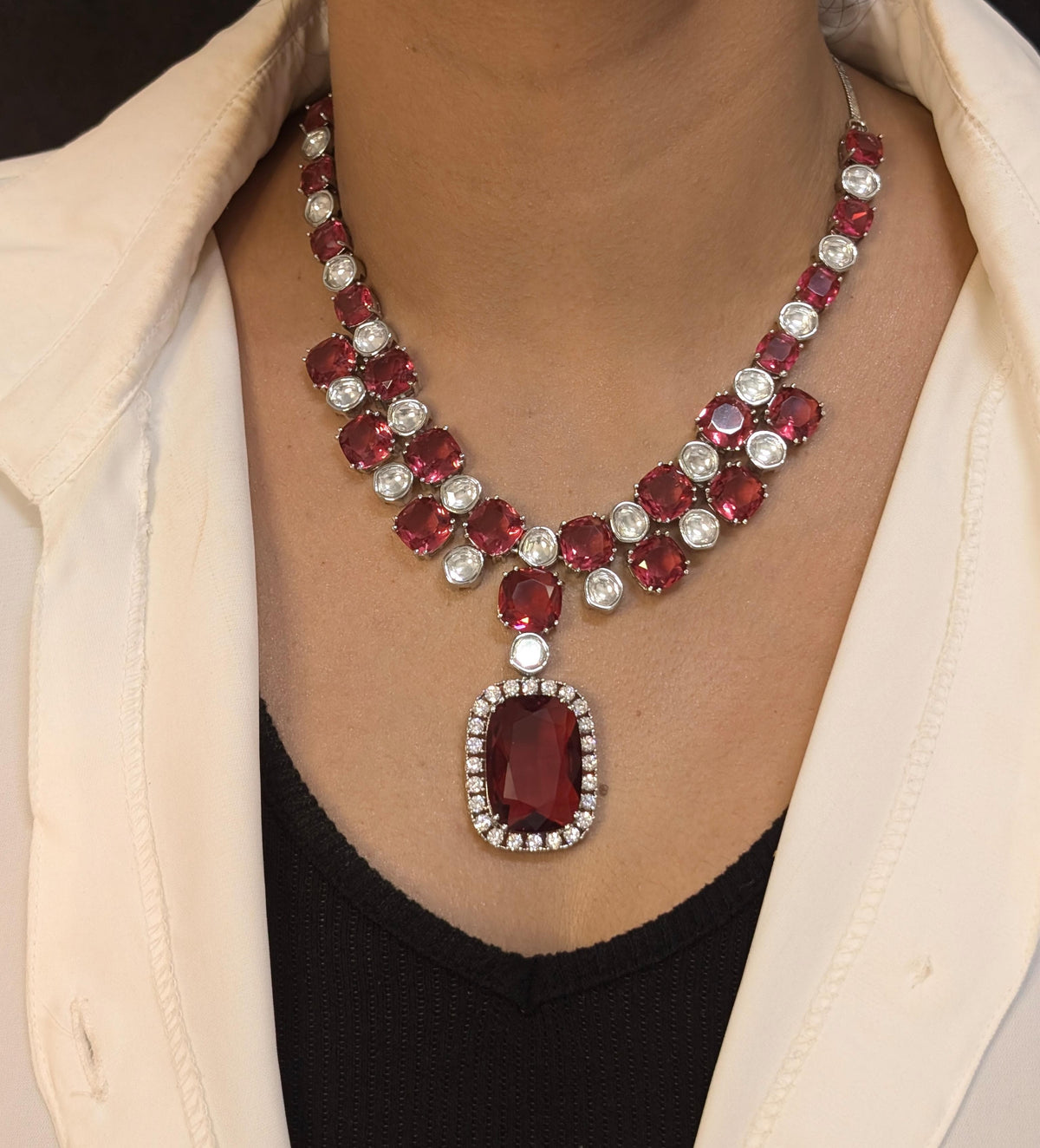 Sparkling Crystals Statement Necklace Jewelry Set, Polki Statement Necklace Set, Wedding Polki Necklace, Indian Jewellery Set, Celebrity Jewelry Set, Bollywood Polki Necklace Set - Libasaa.com