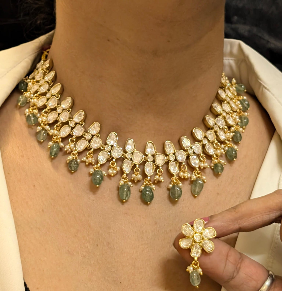 Golden Mehndi Choker Floral Earrings Jewellery Set, Mehndi Choker Set, Wedding Jewellery Set, Celebrity Jewellery Set - Libasaa.com