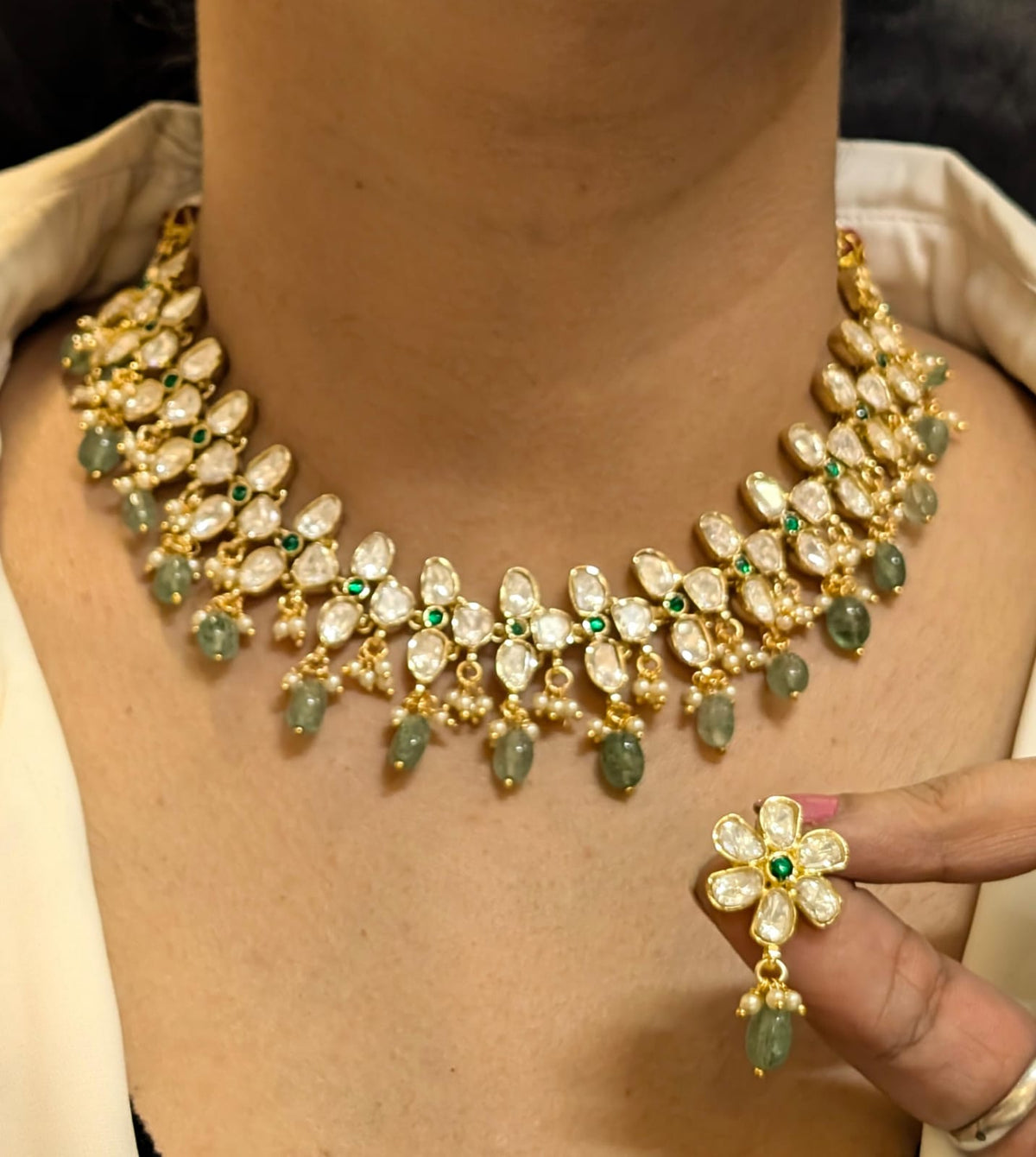 Golden Mehndi Choker Floral Earrings Jewellery Set, Mehndi Choker Set, Wedding Jewellery Set, Celebrity Jewellery Set - Libasaa.com