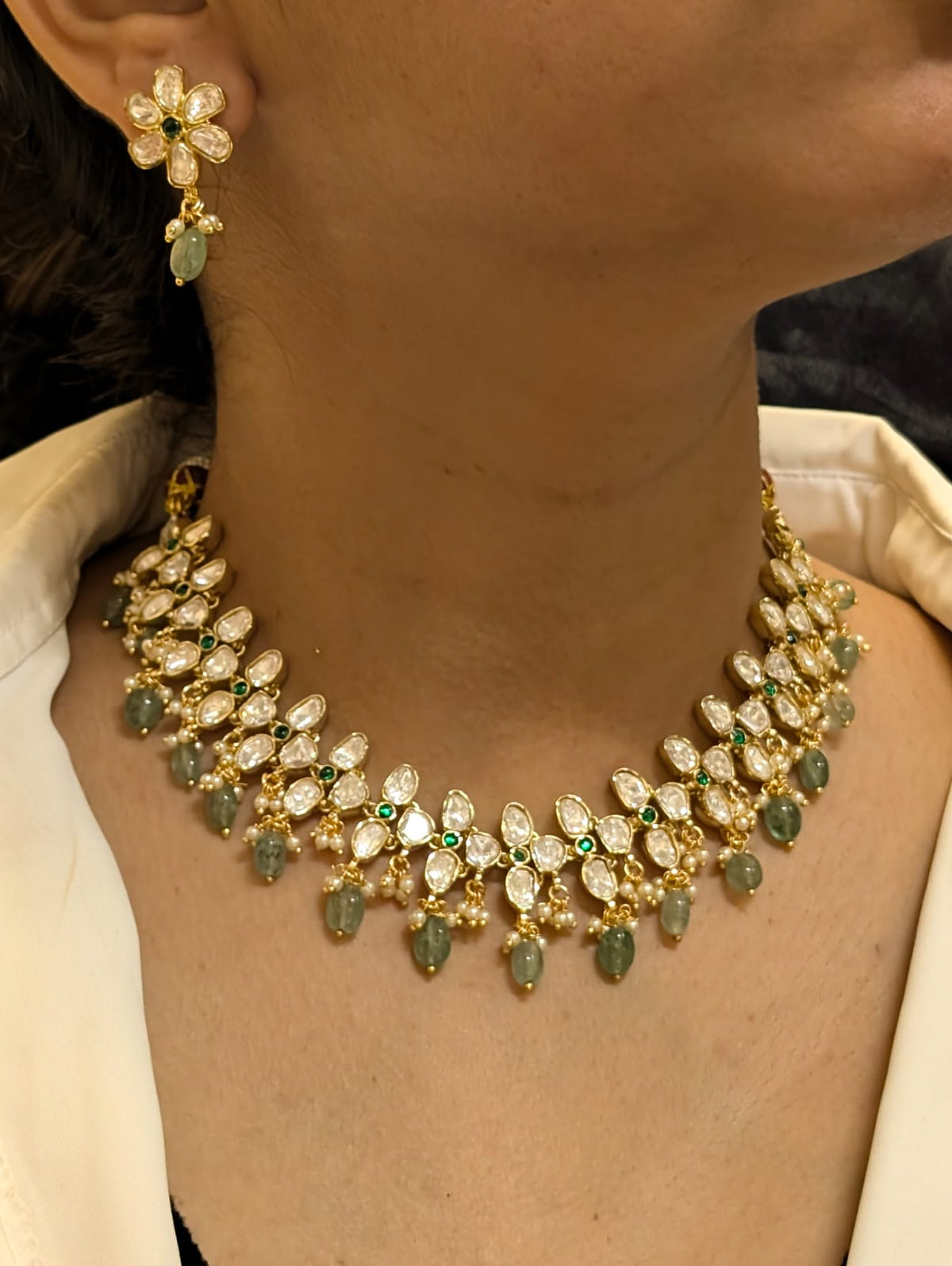 Golden Mehndi Choker Floral Earrings Jewellery Set, Mehndi Choker Set, Wedding Jewellery Set, Celebrity Jewellery Set - Libasaa.com