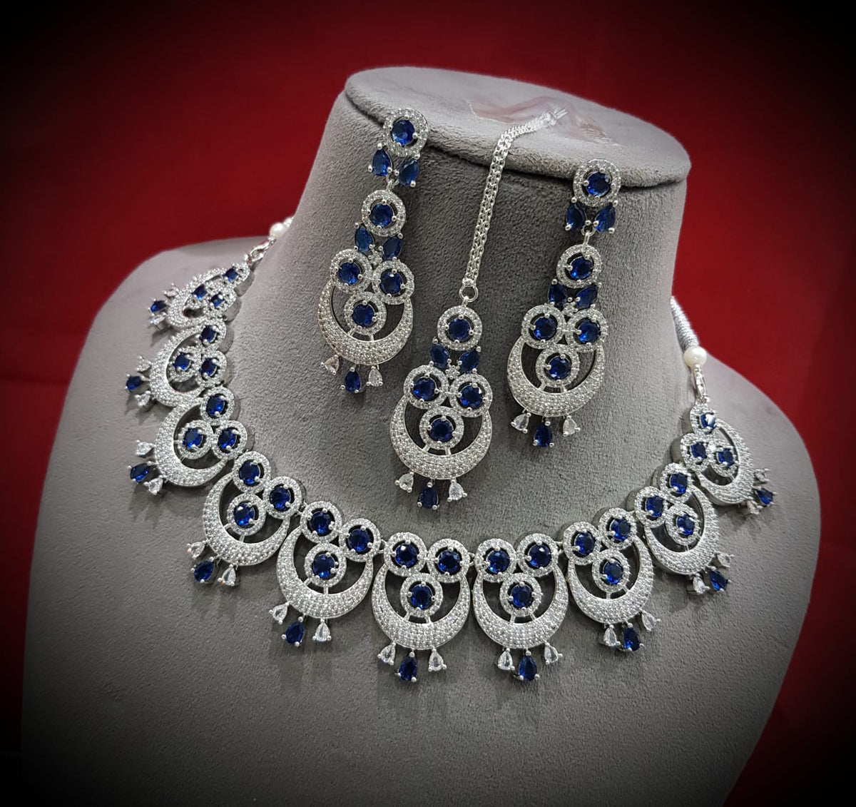Intricate Circular Luxurious AD Choker Style Necklace Set, Circular CZ Necklace Set, AD Earrings Set, CZ Necklace, Bridal Jewellery - Libasaa.com