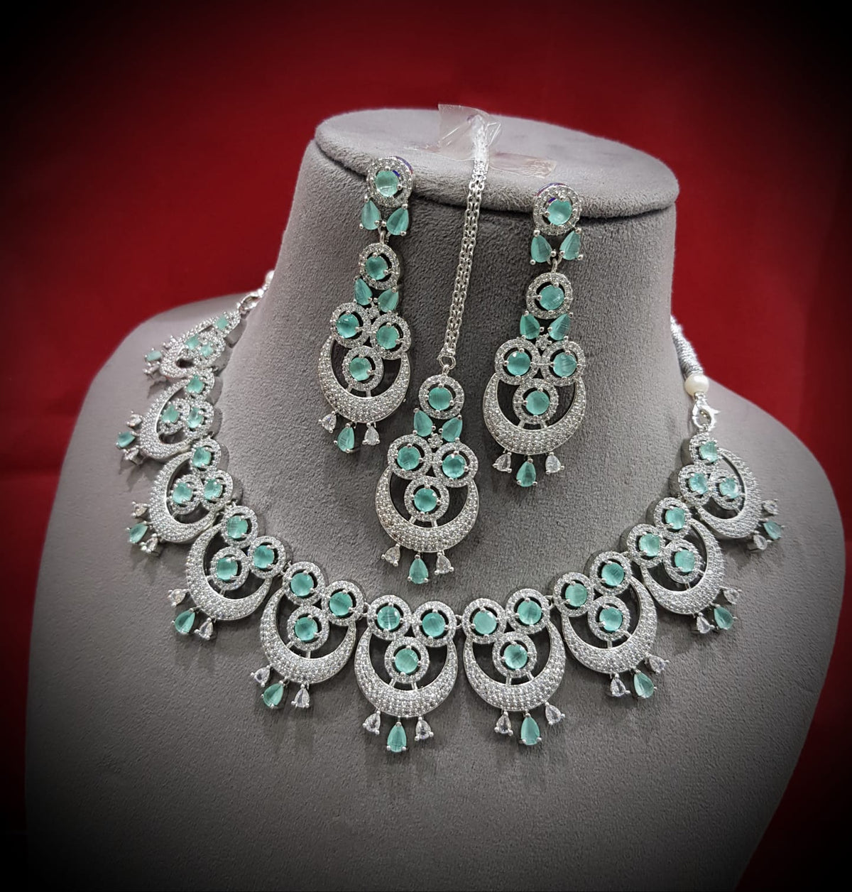 Intricate Circular Luxurious AD Choker Style Necklace Set, Circular CZ Necklace Set, AD Earrings Set, CZ Necklace, Bridal Jewellery - Libasaa.com