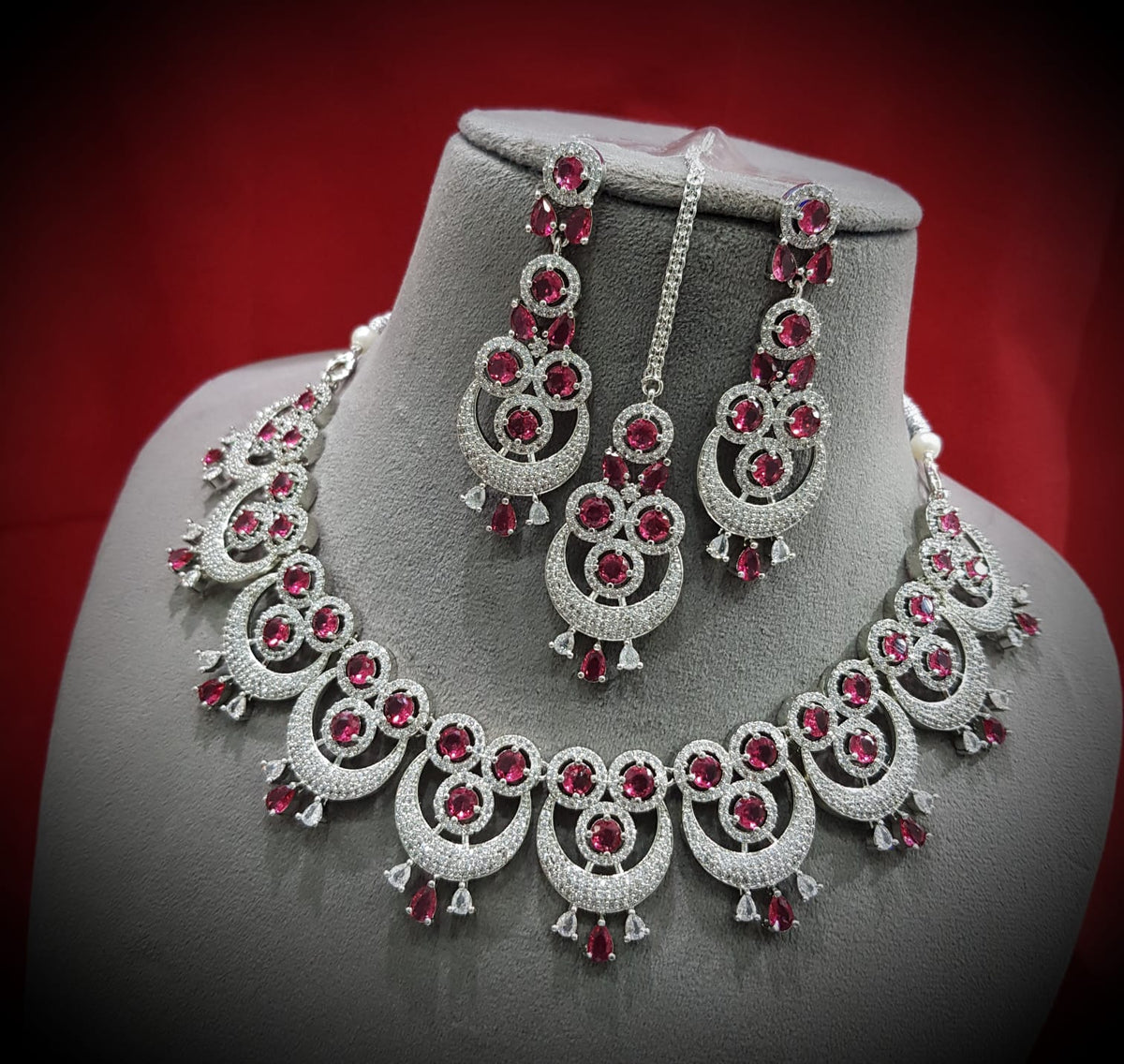 Intricate Circular Luxurious AD Choker Style Necklace Set, Circular CZ Necklace Set, AD Earrings Set, CZ Necklace, Bridal Jewellery - Libasaa.com
