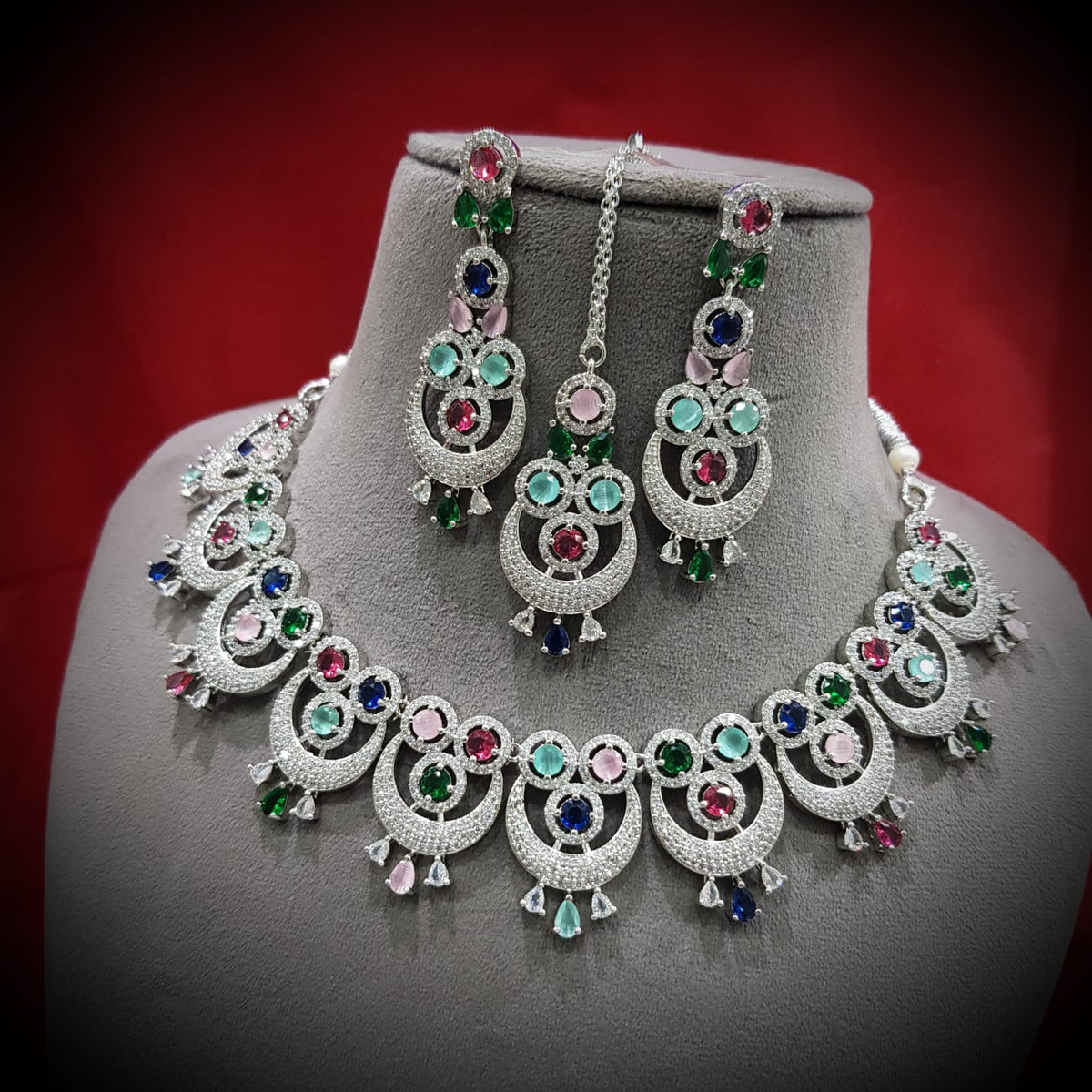 Intricate Circular Luxurious AD Choker Style Necklace Set, Circular CZ Necklace Set, AD Earrings Set, CZ Necklace, Bridal Jewellery - Libasaa.com