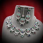 Intricate Circular Luxurious AD Choker Style Necklace Set, Circular CZ Necklace Set, AD Earrings Set, CZ Necklace, Bridal Jewellery - Libasaa.com