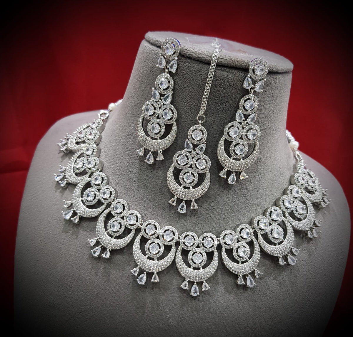 Intricate Circular Luxurious AD Choker Style Necklace Set, Circular CZ Necklace Set, AD Earrings Set, CZ Necklace, Bridal Jewellery - Libasaa.com