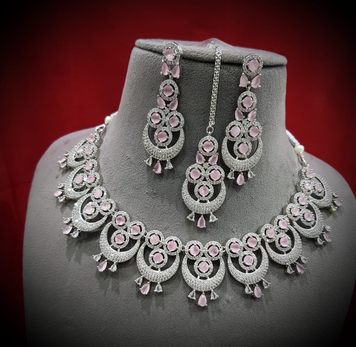 Intricate Circular Luxurious AD Choker Style Necklace Set, Circular CZ Necklace Set, AD Earrings Set, CZ Necklace, Bridal Jewellery - Libasaa.com