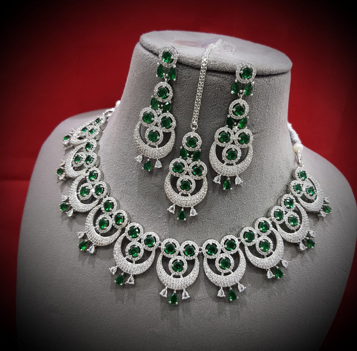 Intricate Circular Luxurious AD Choker Style Necklace Set, Circular CZ Necklace Set, AD Earrings Set, CZ Necklace, Bridal Jewellery - Libasaa.com