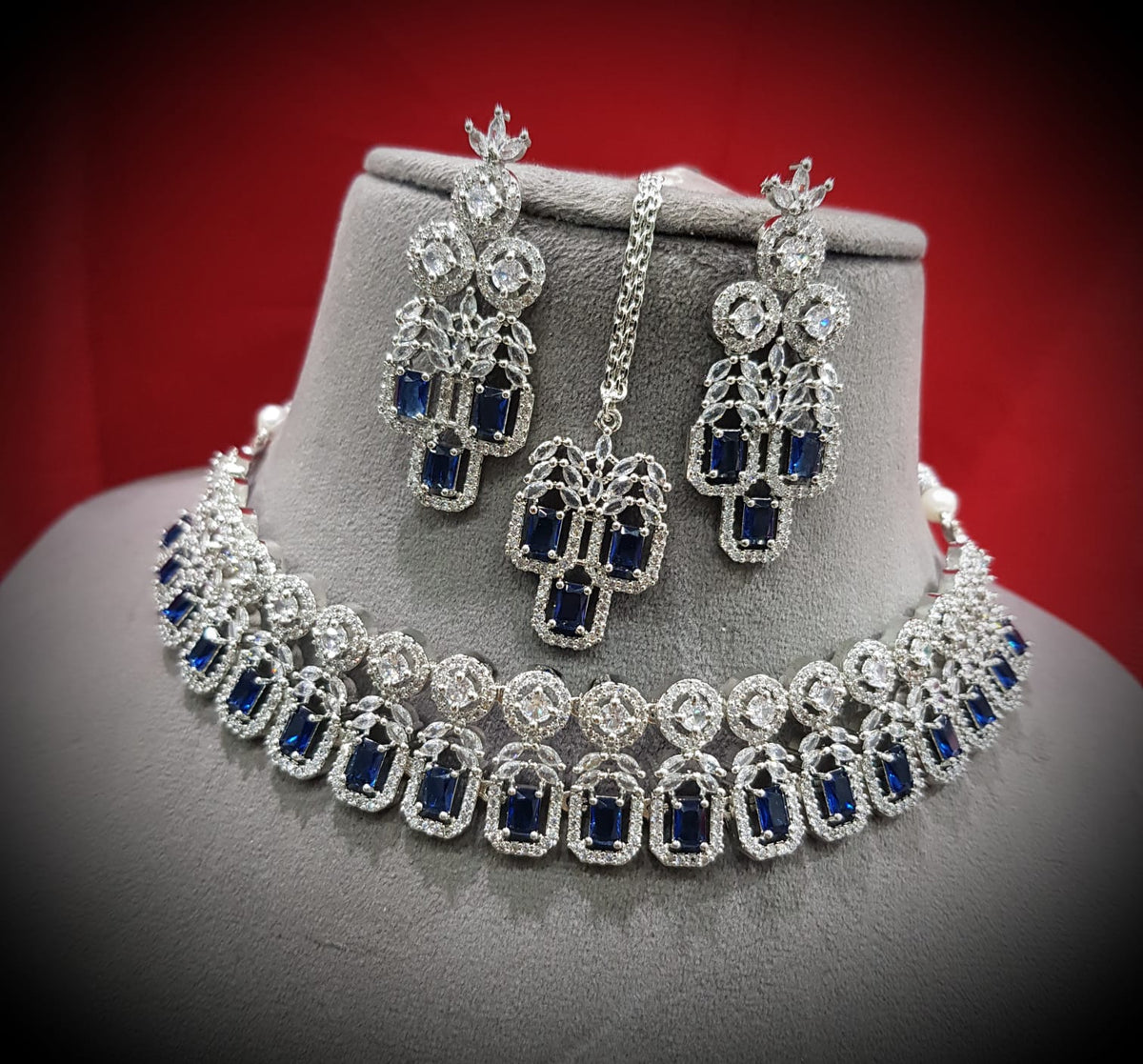 Elegance Bollywood AD Choker Earrings Set, Bollywood CZ Necklace Set, AD Earrings Set, CZ Necklace, Celebrity Jewellery, Pakistani Jewellery - Libasaa.com