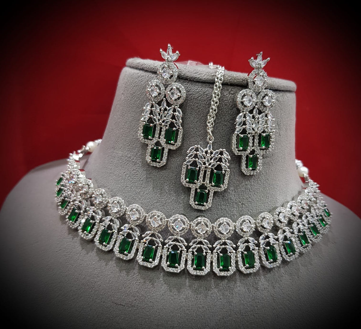 Elegance Bollywood AD Choker Earrings Set, Bollywood CZ Necklace Set, AD Earrings Set, CZ Necklace, Celebrity Jewellery, Pakistani Jewellery - Libasaa.com
