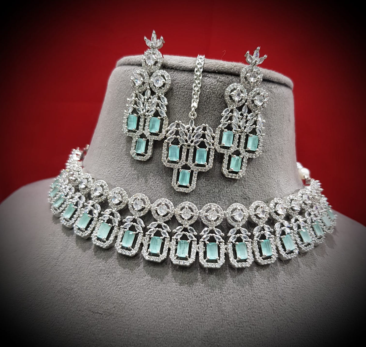 Elegance Bollywood AD Choker Earrings Set, Bollywood CZ Necklace Set, AD Earrings Set, CZ Necklace, Celebrity Jewellery, Pakistani Jewellery - Libasaa.com