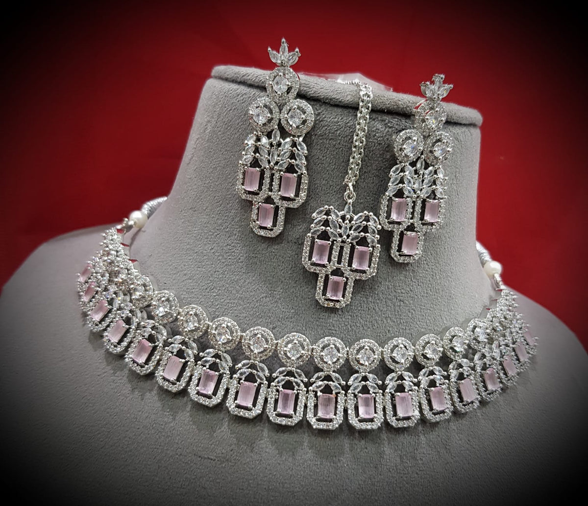 Elegance Bollywood AD Choker Earrings Set, Bollywood CZ Necklace Set, AD Earrings Set, CZ Necklace, Celebrity Jewellery, Pakistani Jewellery - Libasaa.com